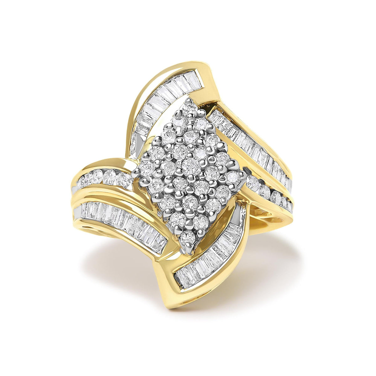 14K Yellow Gold 1-1/3 Cttw Round and Baguette Diamond Bypass Cocktail Ring-0