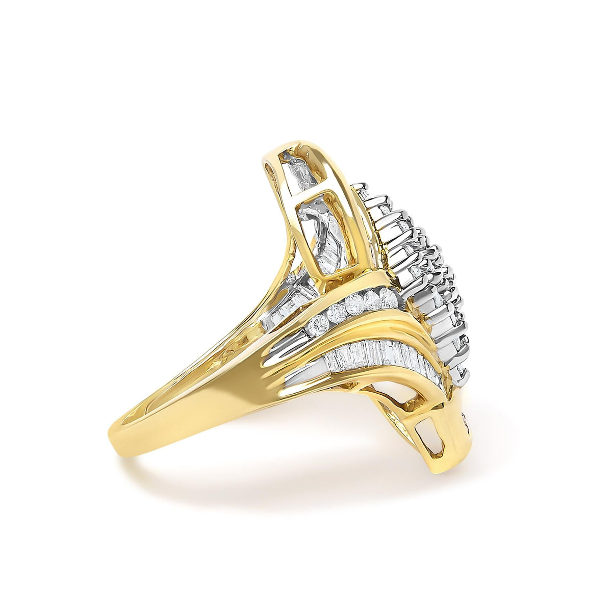 14K Yellow Gold 1-1/3 Cttw Round and Baguette Diamond Bypass Cocktail Ring-1