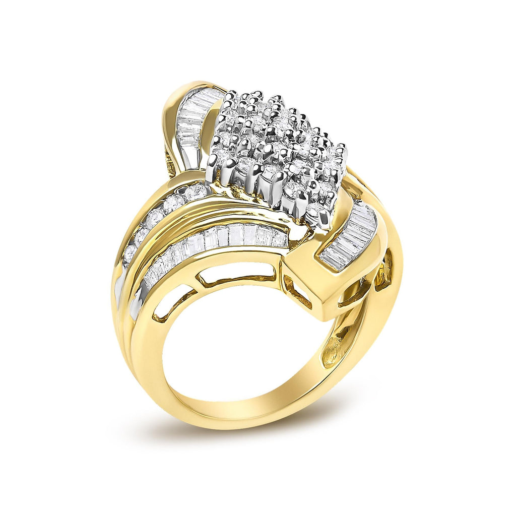 14K Yellow Gold 1-1/3 Cttw Round and Baguette Diamond Bypass Cocktail Ring-3