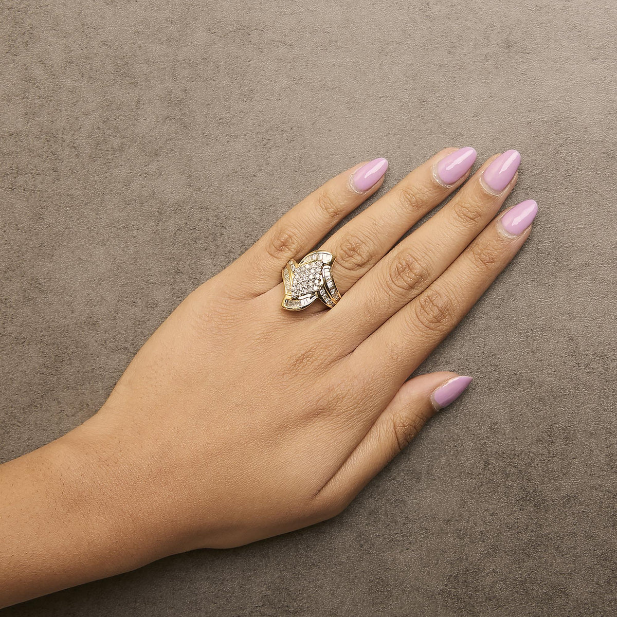 14K Yellow Gold 1-1/3 Cttw Round and Baguette Diamond Bypass Cocktail Ring-2