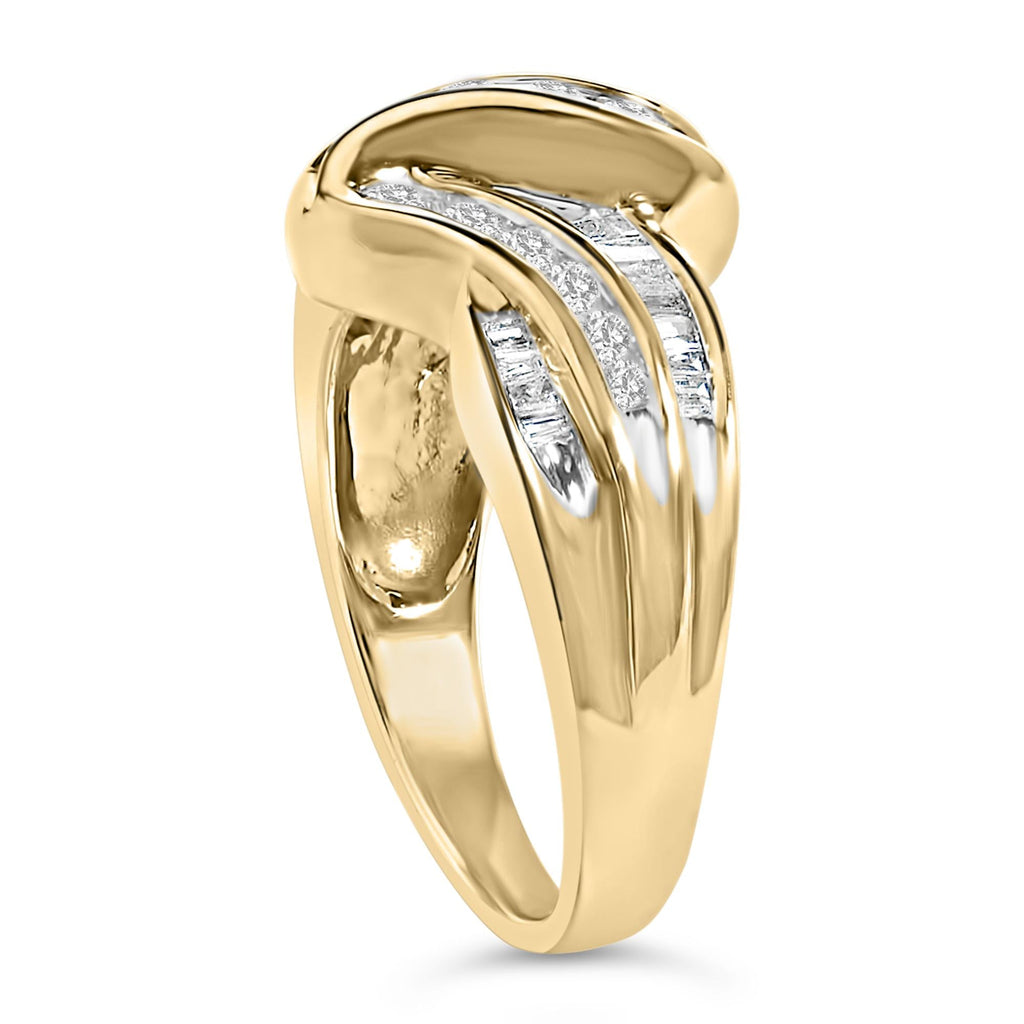 10K Yellow Gold 3/4 Cttw Channel Set Round and Baguette-cut Diamond Double Shank Bypass Ring (J-K Color, I1-I2 Clarity)