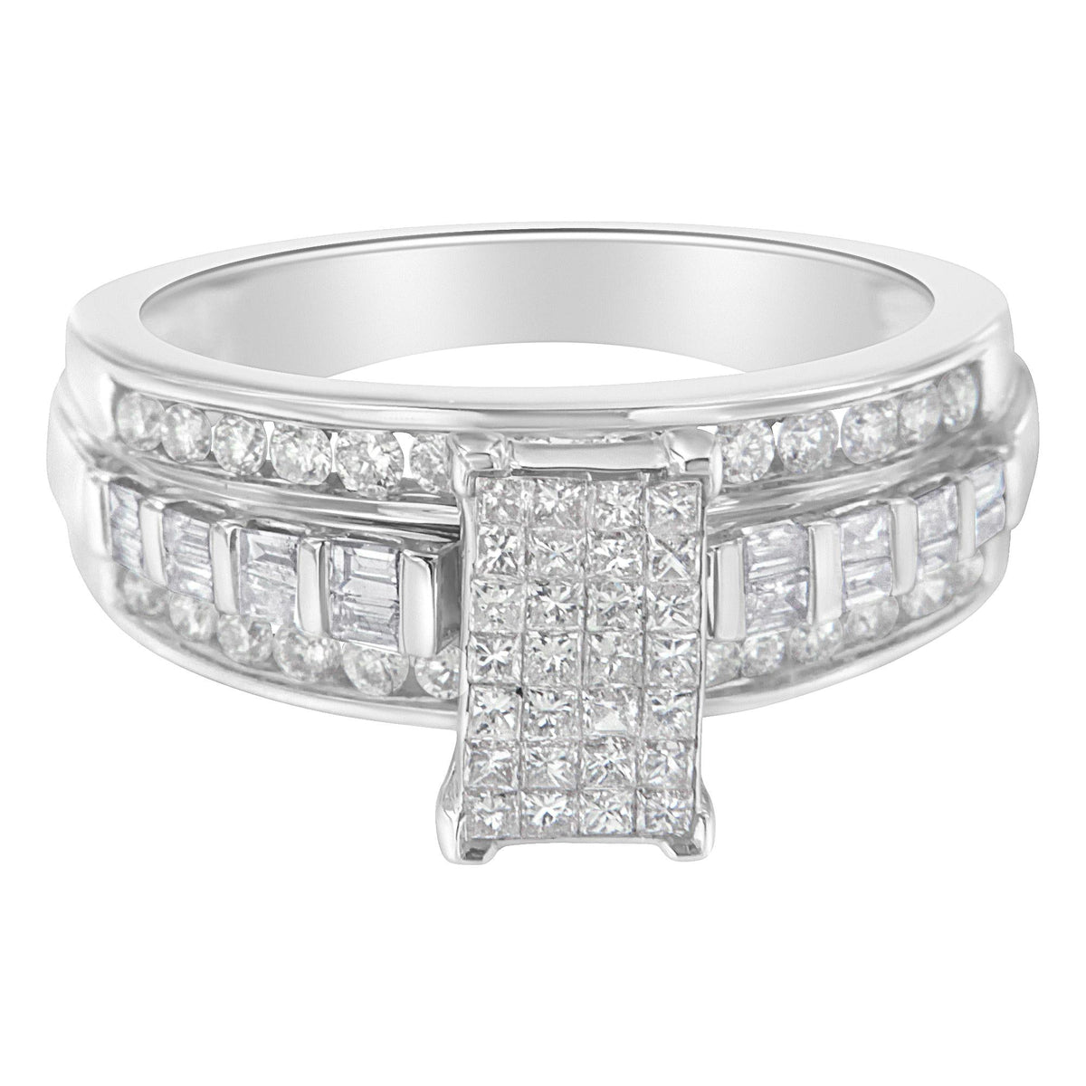 14K White Gold 1.0 Cttw Mixed-Cut Diamond Rectangle Invisible-Set Composite Cluster Ring with Bar- and Channel-Set Band (H-I Color, SI2-I1 Clarity)