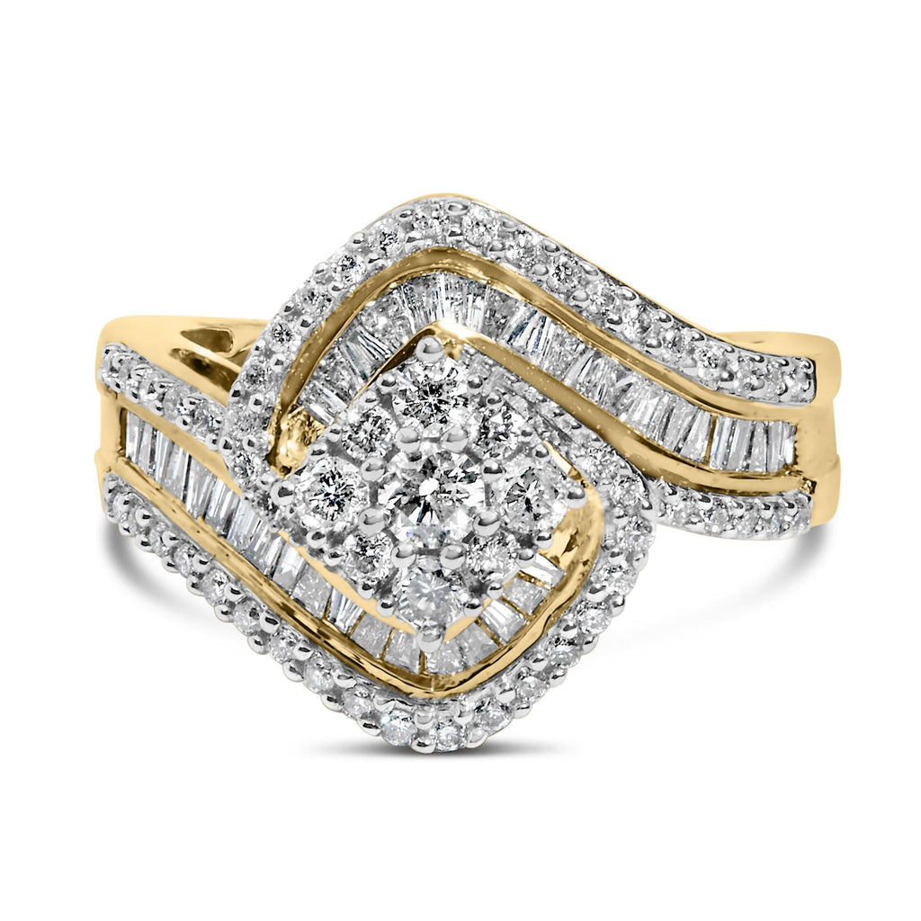 Baguette & Round Diamond Floral Cluster Ring with Swirl Band in 14K Yellow Gold