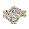 Baguette & Round Diamond Floral Cluster Ring with Swirl Band in 14K Yellow Gold