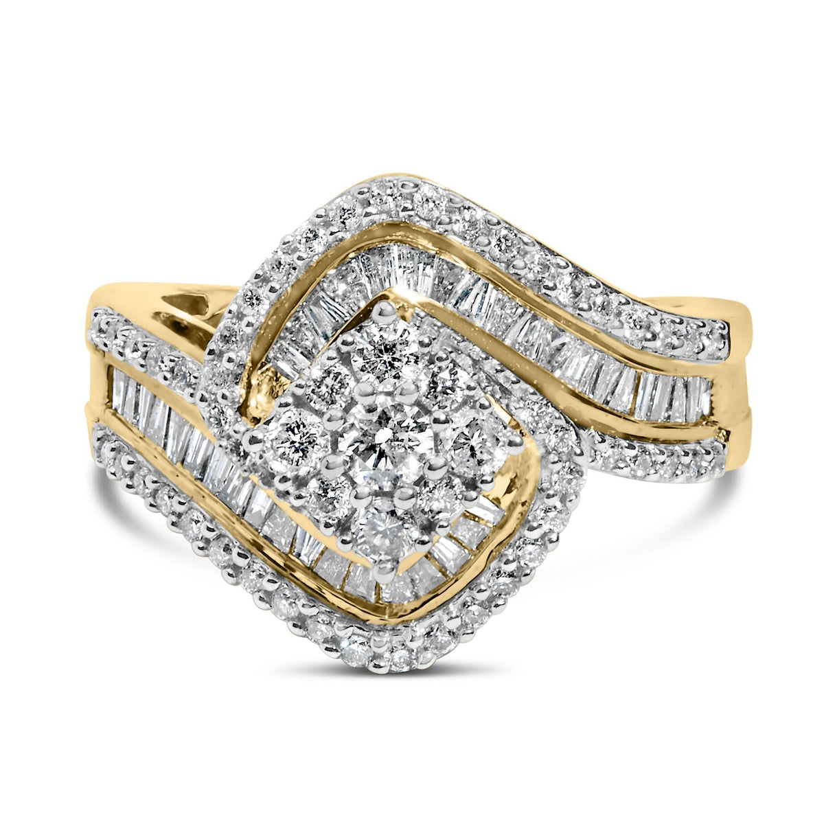 Baguette & Round Diamond Floral Cluster Ring with Swirl Band in 14K Yellow Gold