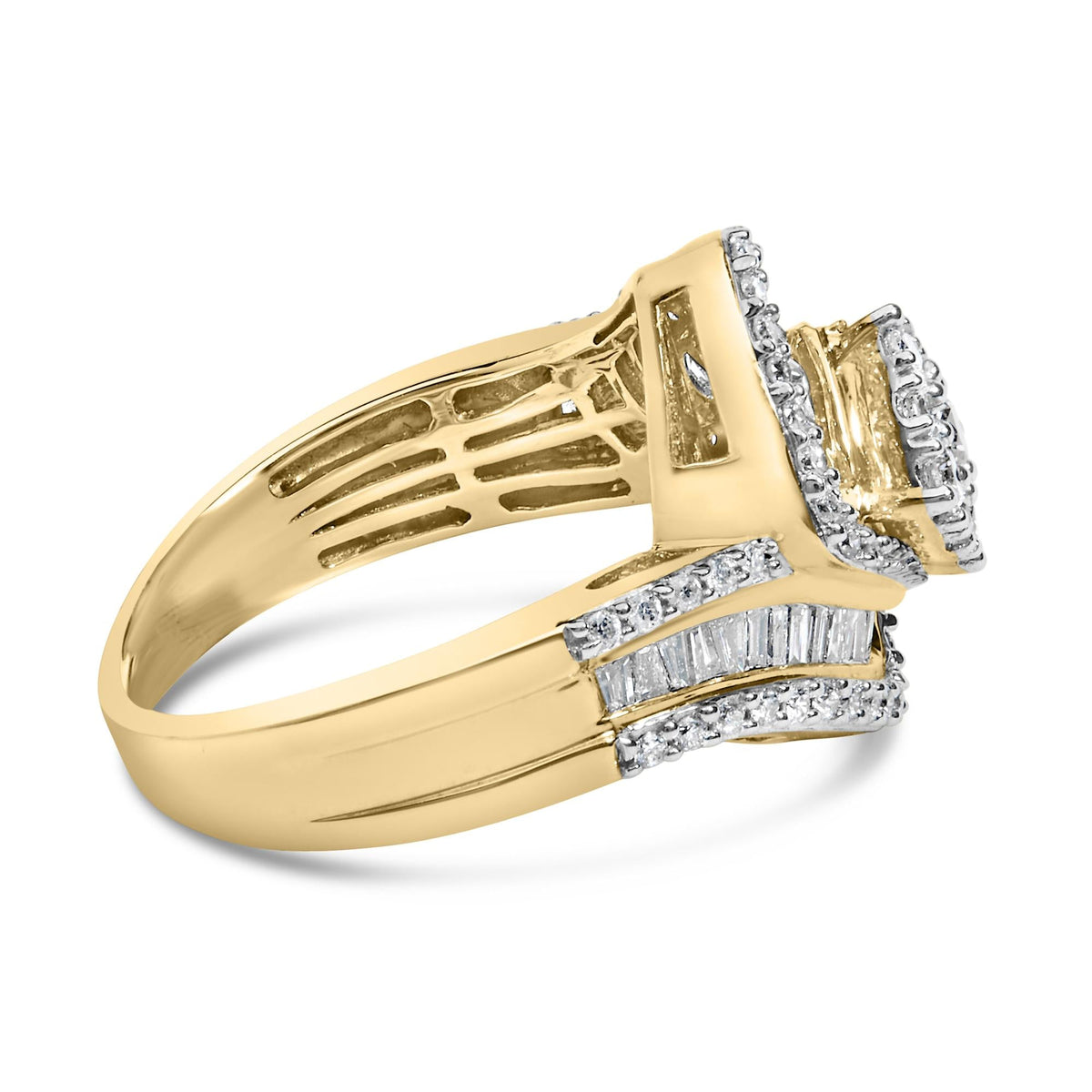 Baguette & Round Diamond Floral Cluster Ring with Swirl Band in 14K Yellow Gold