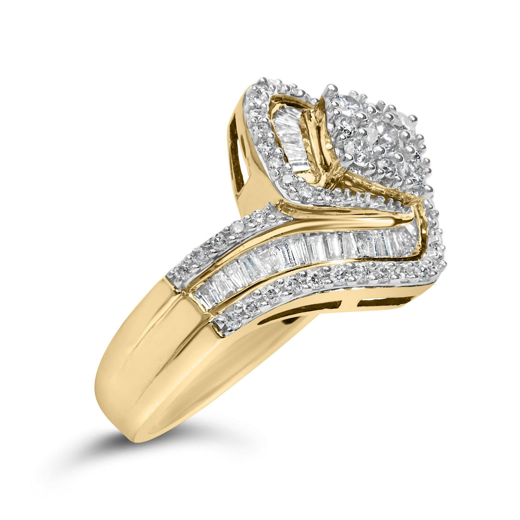 Baguette & Round Diamond Floral Cluster Ring with Swirl Band in 14K Yellow Gold