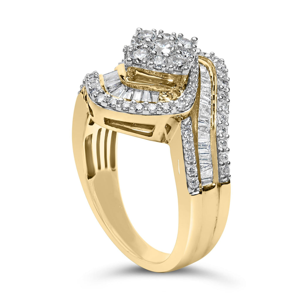Baguette & Round Diamond Floral Cluster Ring with Swirl Band in 14K Yellow Gold