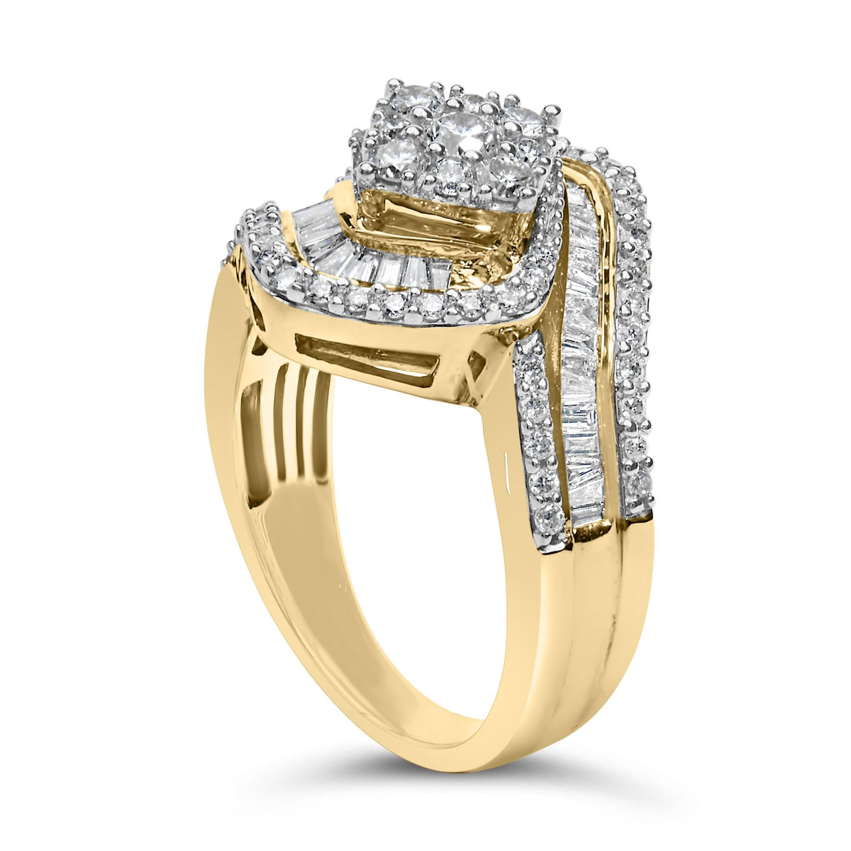 Baguette & Round Diamond Floral Cluster Ring with Swirl Band in 14K Yellow Gold