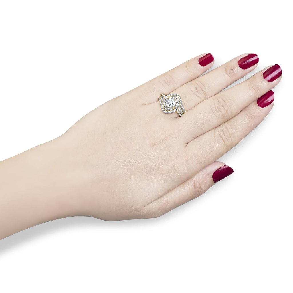 Baguette & Round Diamond Floral Cluster Ring with Swirl Band in 14K Yellow Gold