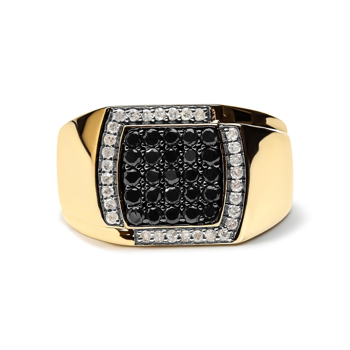Men's Black & White Diamond Cushion Cluster Statement Ring in 10K Yellow Gold