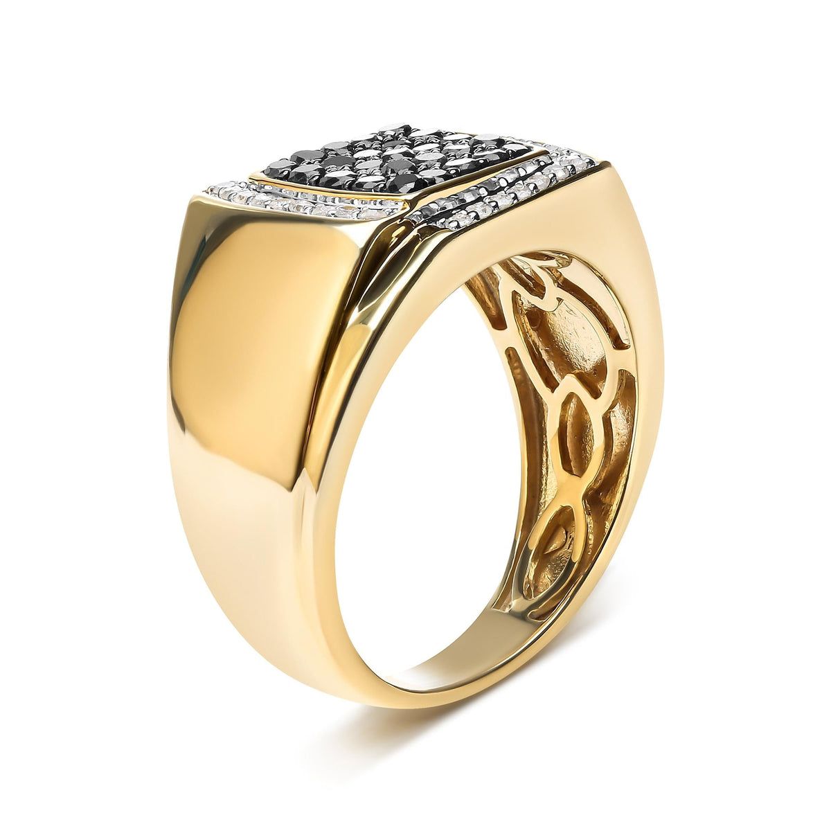 Men's Black & White Diamond Cushion Cluster Statement Ring in 10K Yellow Gold
