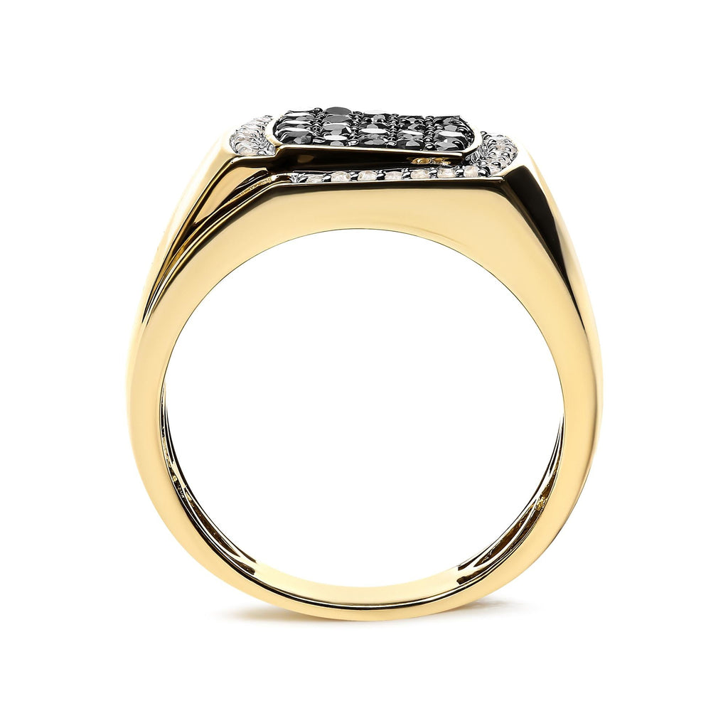Men's Black & White Diamond Cushion Cluster Statement Ring in 10K Yellow Gold