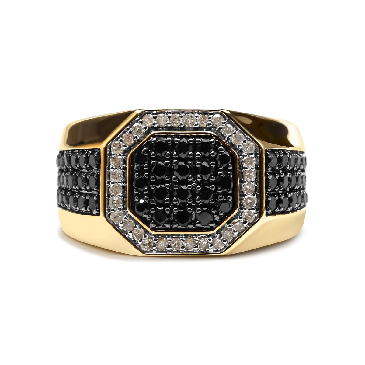 Men's Black & White Diamond Octagonal Halo Ring in 10K Yellow Gold