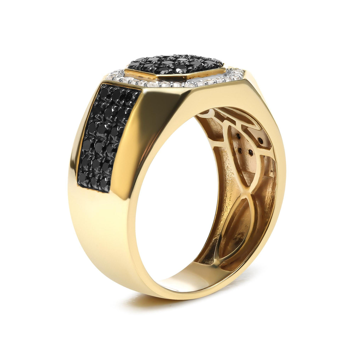 Men's Black & White Diamond Octagonal Halo Ring in 10K Yellow Gold