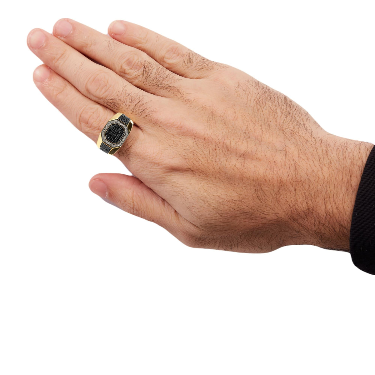 Men's Black & White Diamond Octagonal Halo Ring in 10K Yellow Gold