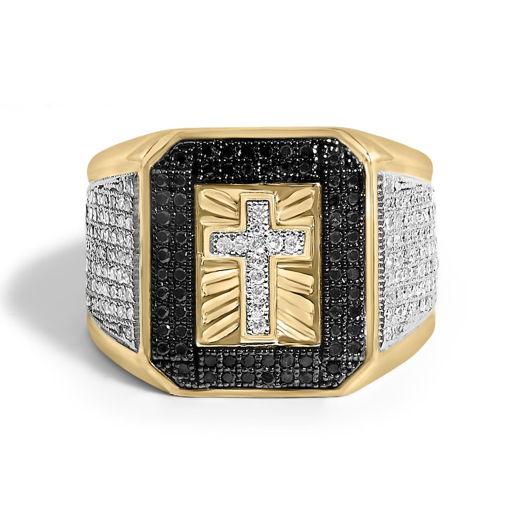 Men's White & Black Diamond Cross Signet Ring in 10K Yellow Gold