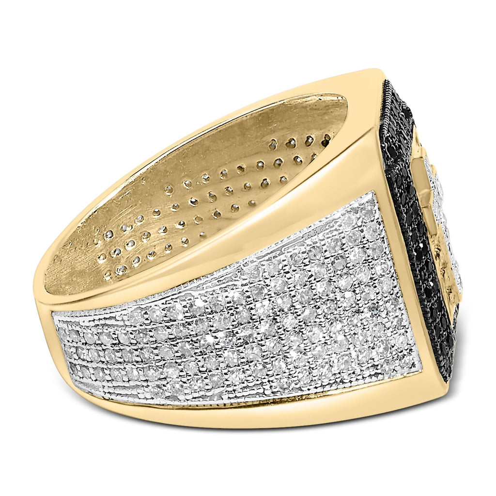 Men's White & Black Diamond Cross Signet Ring in 10K Yellow Gold
