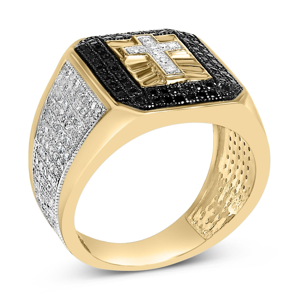 Men's White & Black Diamond Cross Signet Ring in 10K Yellow Gold