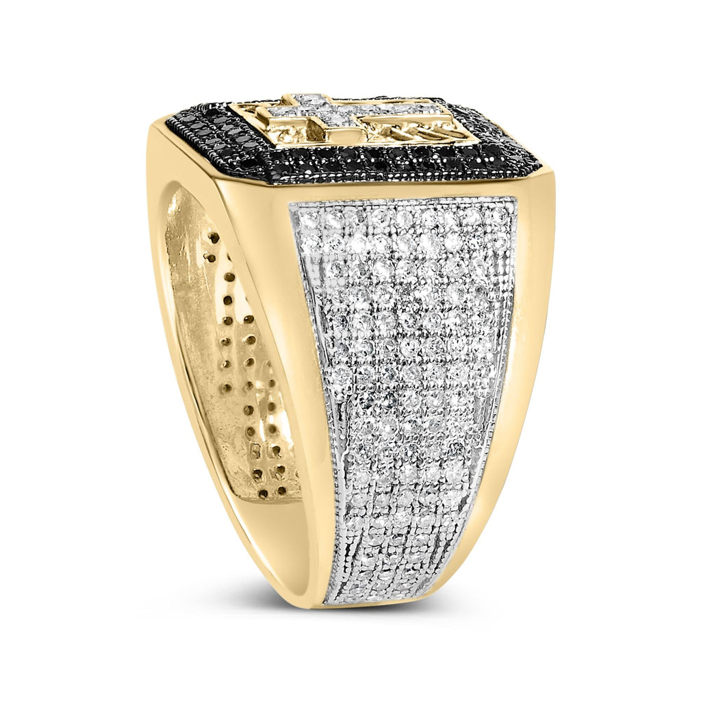 Men's White & Black Diamond Cross Signet Ring in 10K Yellow Gold