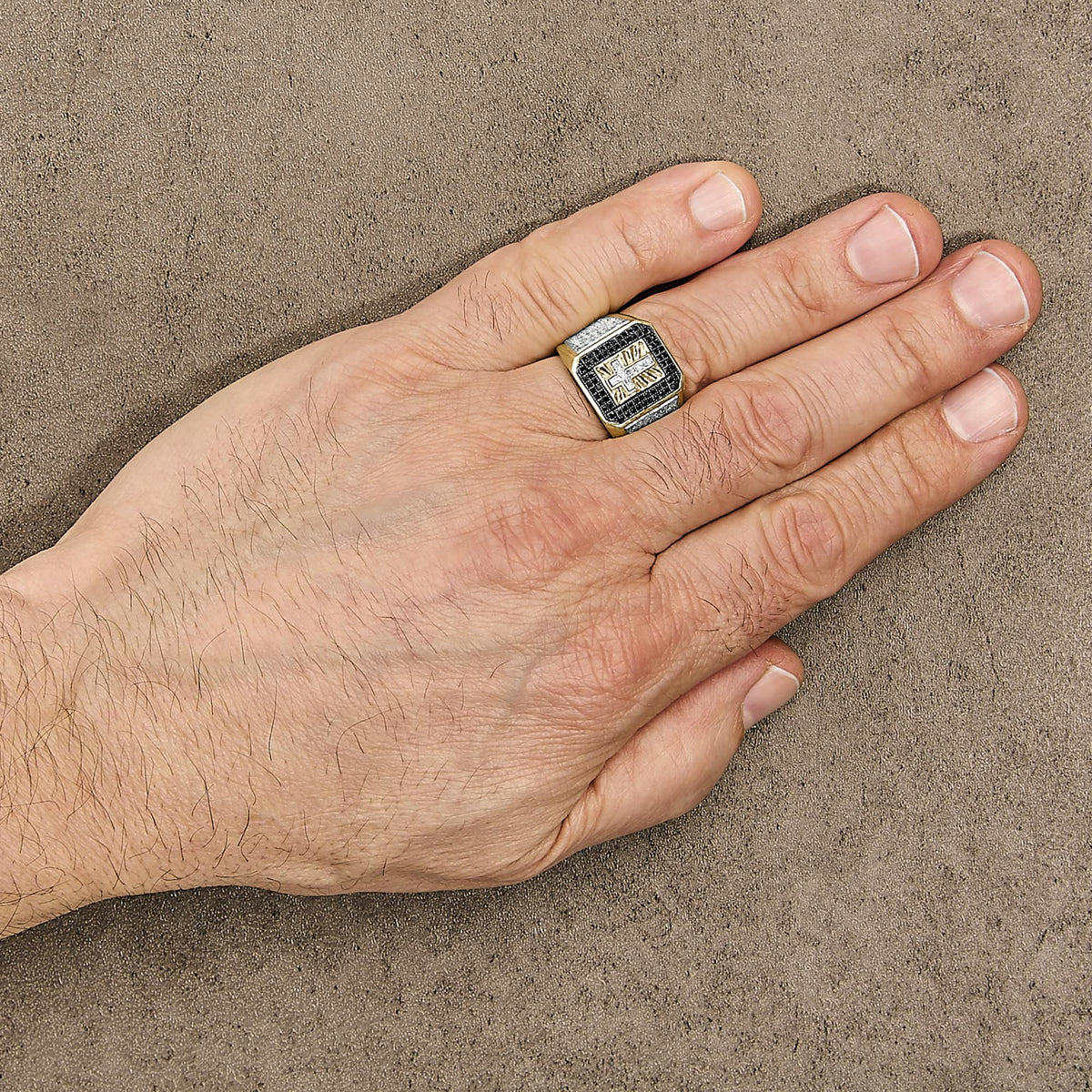 Men's White & Black Diamond Cross Signet Ring in 10K Yellow Gold