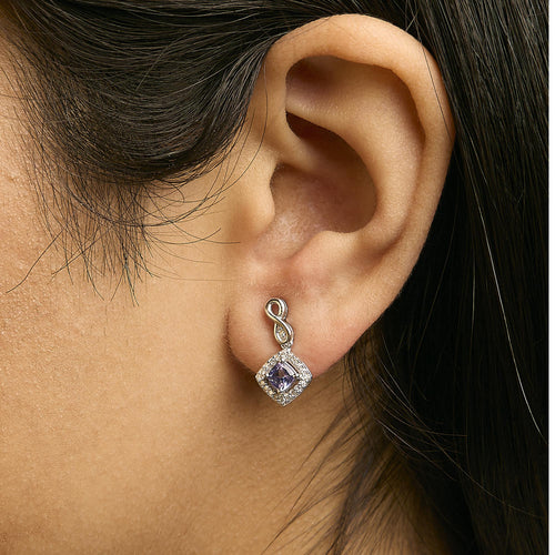 10K White Gold Blue Purple Tanzanite and Diamond Halo Cushion Shaped Drop Earrings (I-J Color, I1-I2 Clarity)
