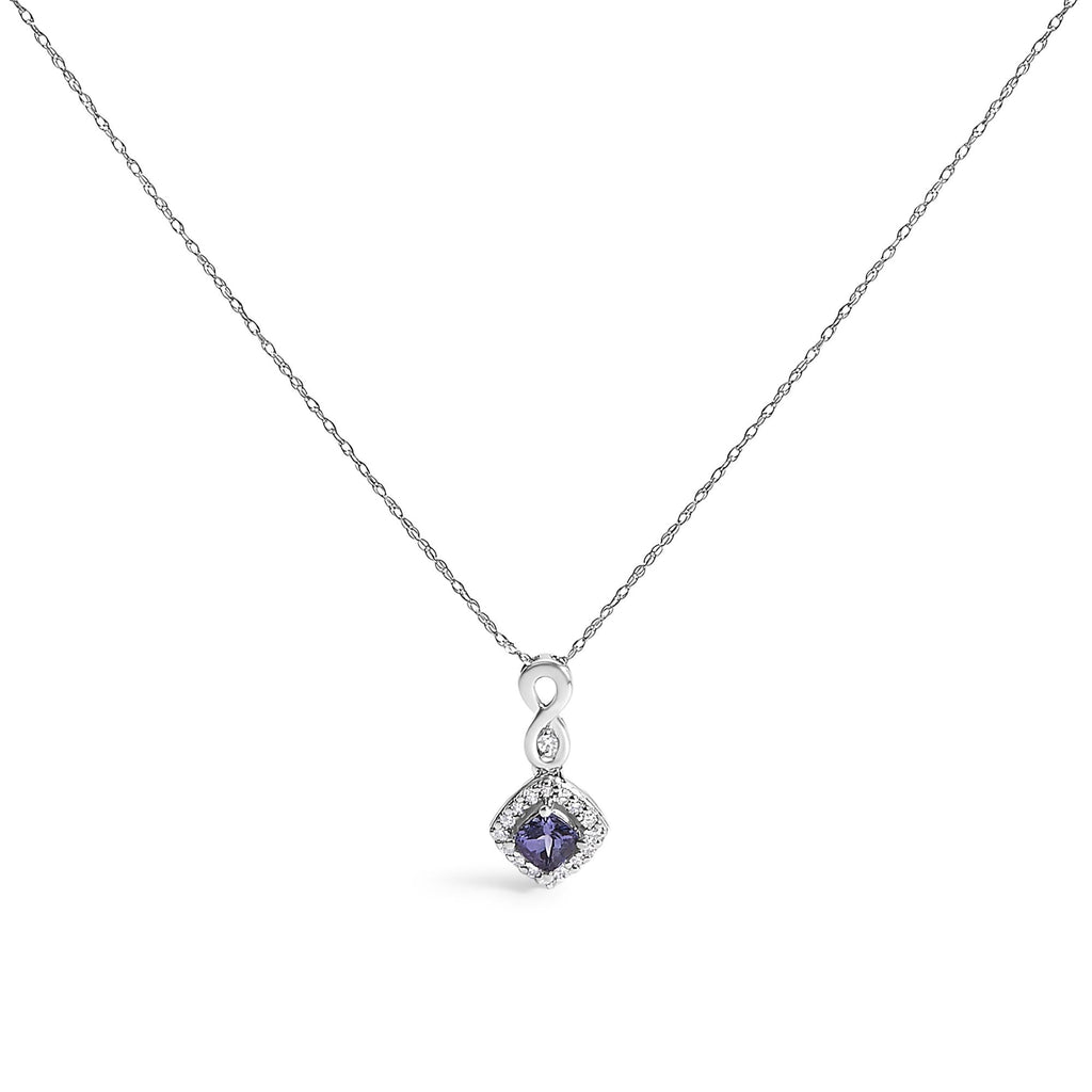 10K White Gold Tanzanite & Diamond Accent Cushion Pendant Necklace