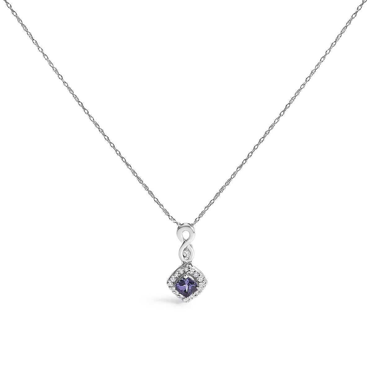 10K White Gold Tanzanite & Diamond Accent Cushion Pendant Necklace