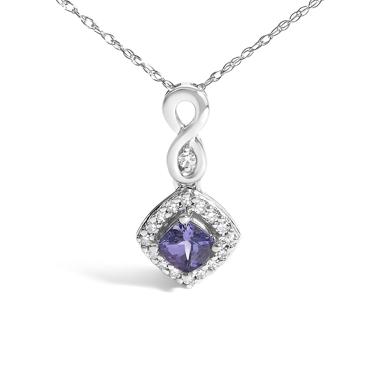 10K White Gold Tanzanite & Diamond Accent Cushion Pendant Necklace