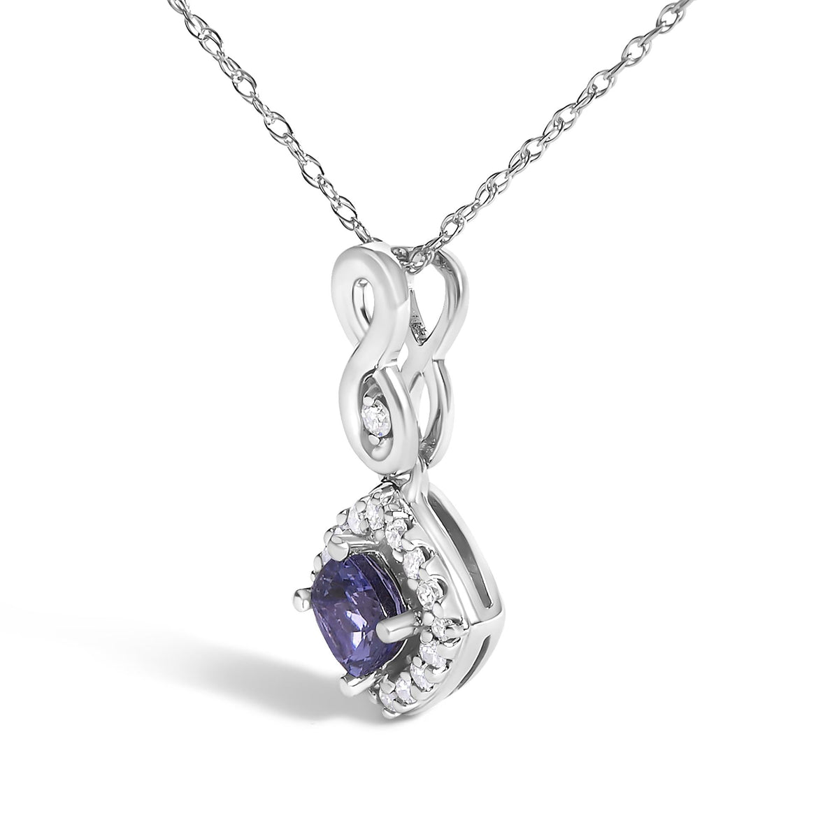 10K White Gold Tanzanite & Diamond Accent Cushion Pendant Necklace