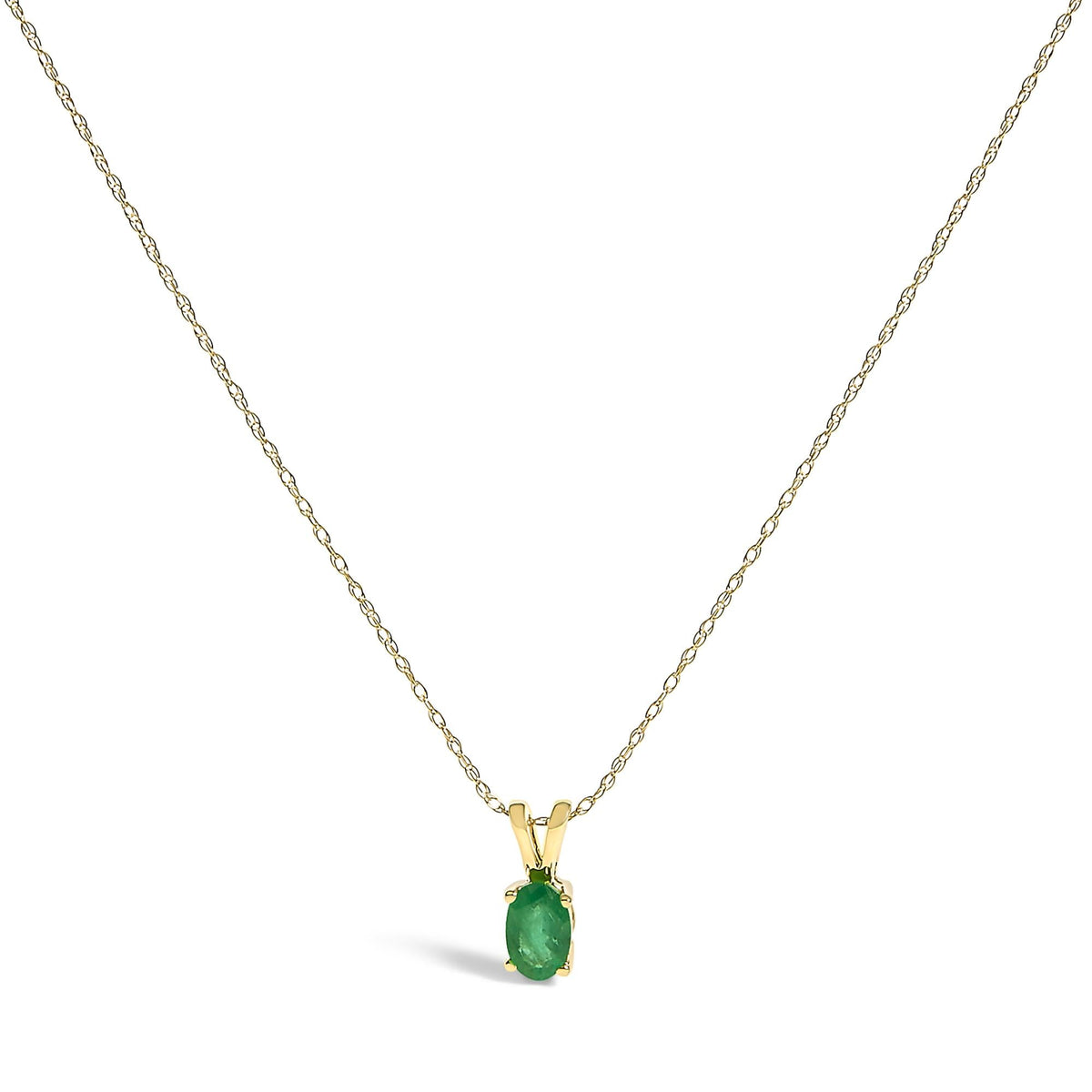 14K Yellow Gold Oval Green Emerald Solitaire Pendant Necklace - 18" Inches
