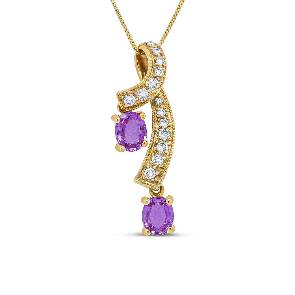 14K Yellow Gold Pink Sapphire & Diamond Ribbon Drop Pendant Necklace