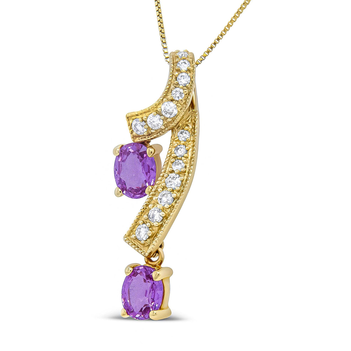 14K Yellow Gold Pink Sapphire & Diamond Ribbon Drop Pendant Necklace