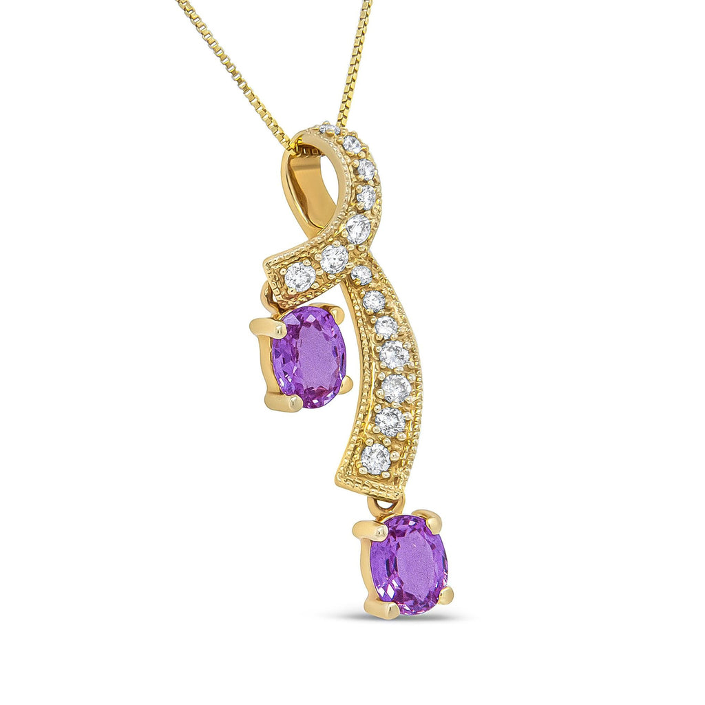 14K Yellow Gold Pink Sapphire & Diamond Ribbon Drop Pendant Necklace