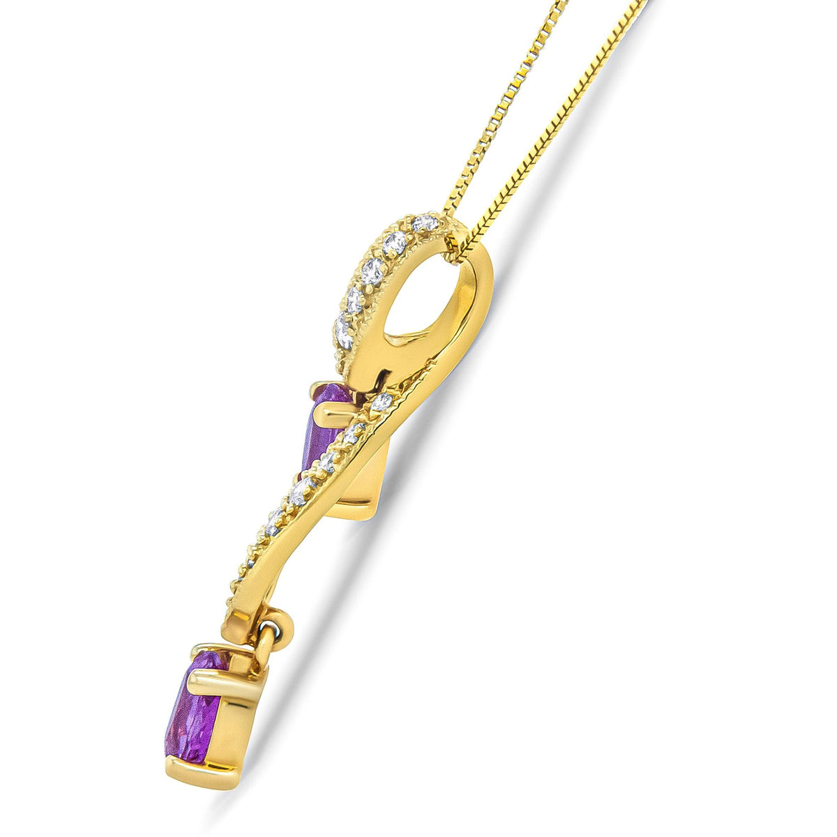 14K Yellow Gold Pink Sapphire & Diamond Ribbon Drop Pendant Necklace