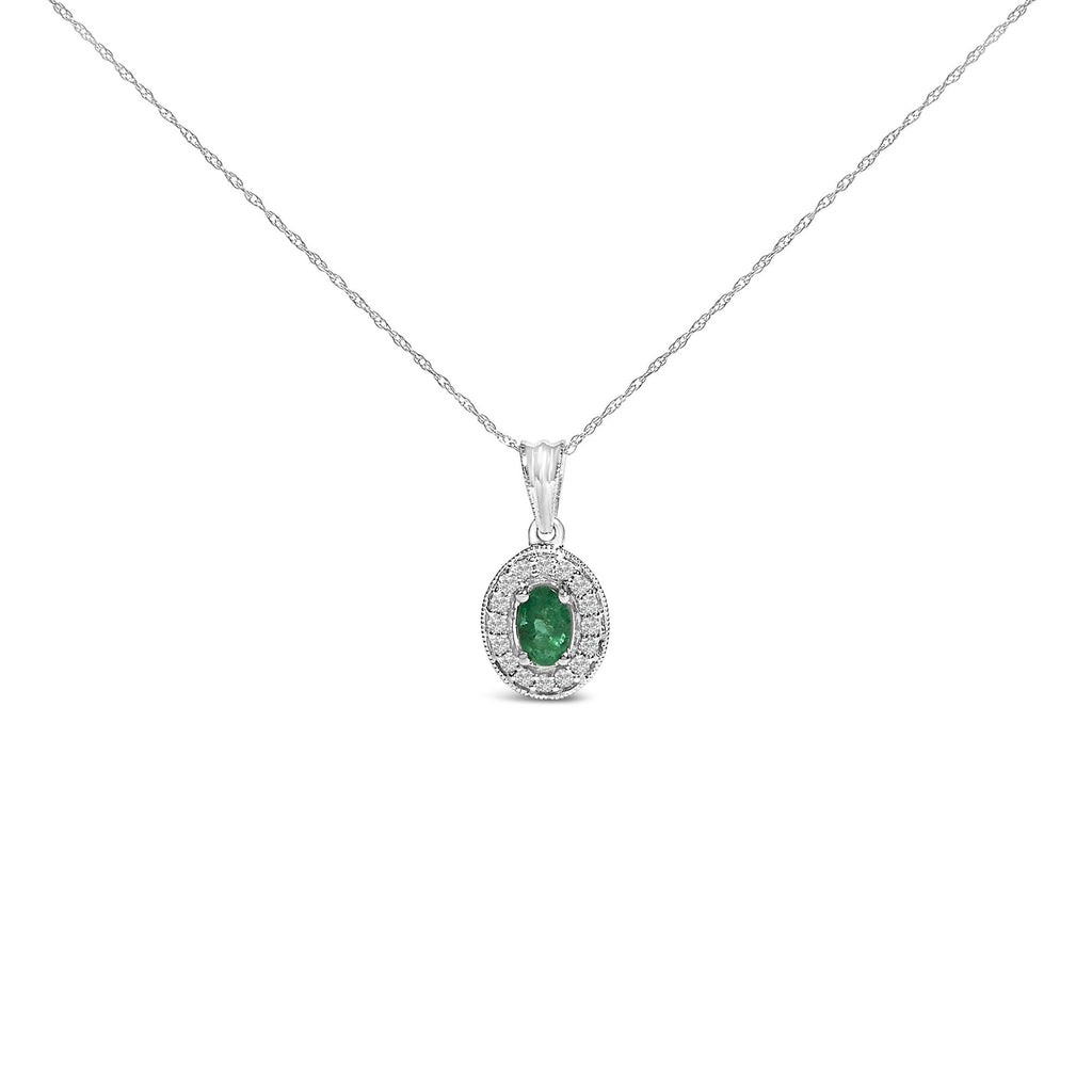 14K White Gold Oval Emerald & Diamond Halo Pendant Necklace