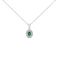 14K White Gold Oval Emerald & Diamond Halo Pendant Necklace