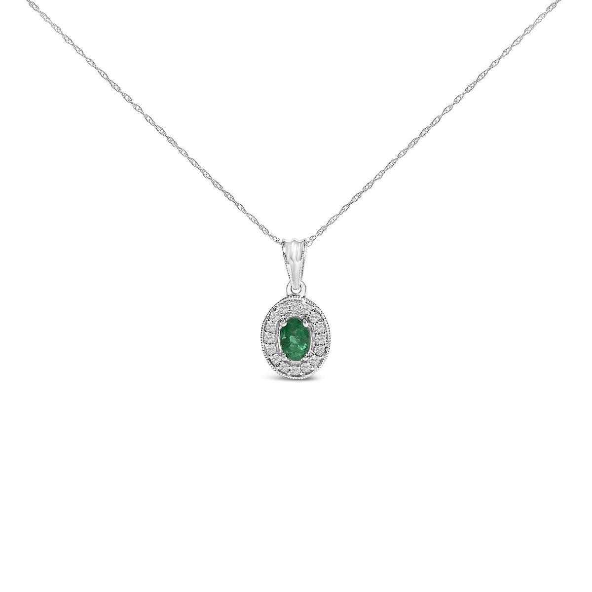 14K White Gold Oval Emerald & Diamond Halo Pendant Necklace