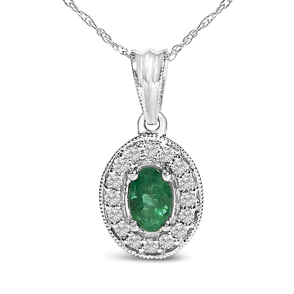 14K White Gold Oval Emerald & Diamond Halo Pendant Necklace