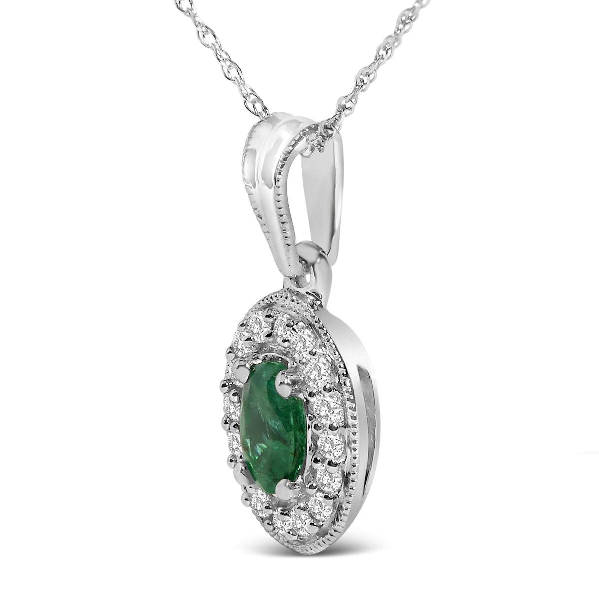14K White Gold Oval Emerald & Diamond Halo Pendant Necklace