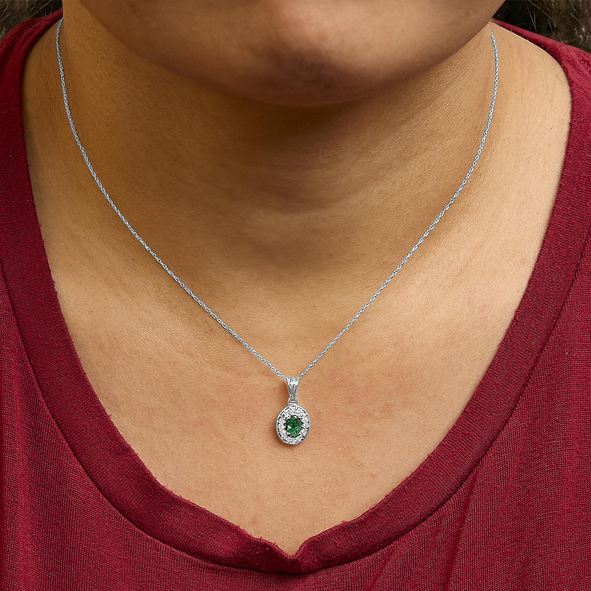 14K White Gold Oval Emerald & Diamond Halo Pendant Necklace
