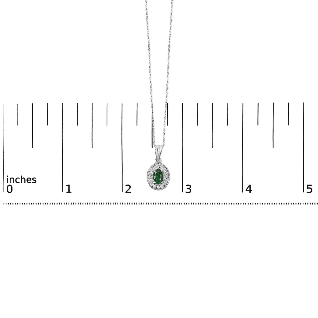 14K White Gold Oval Emerald & Diamond Halo Pendant Necklace