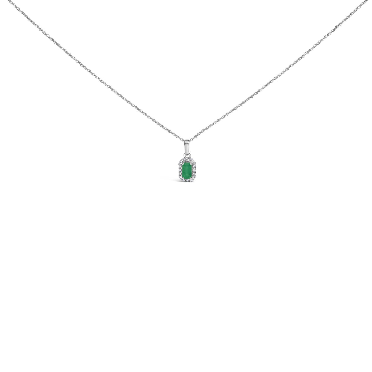10K White Gold Gemstone & Diamond Halo Octagonal Pendant Necklace