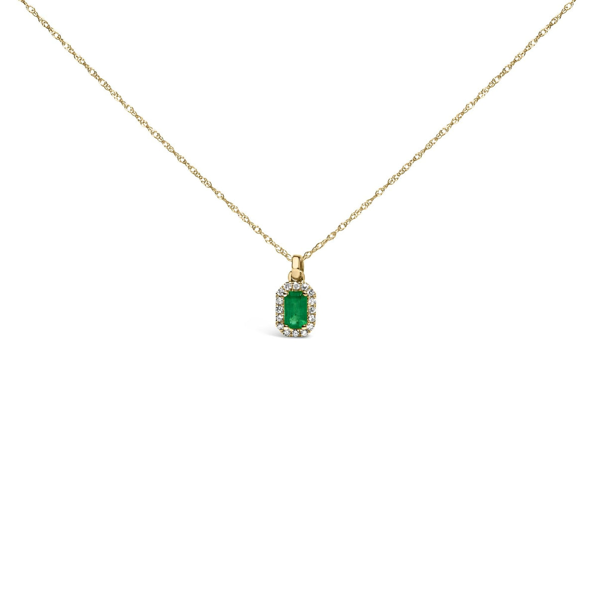 10K Yellow Gold Emerald & Diamond Halo Octagonal Pendant Necklace