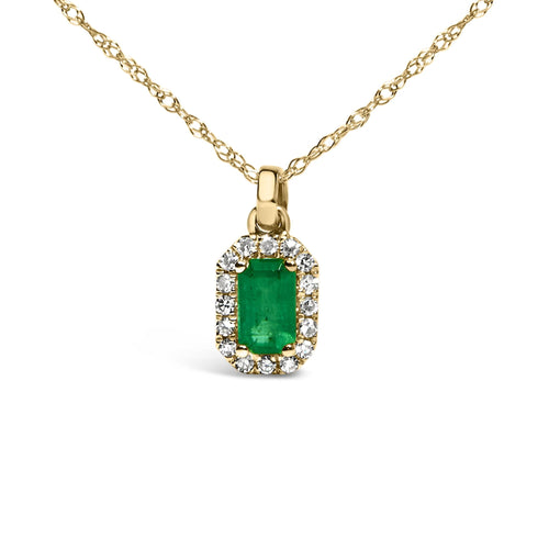 10K Yellow Gold Emerald & Diamond Halo Octagonal Pendant Necklace