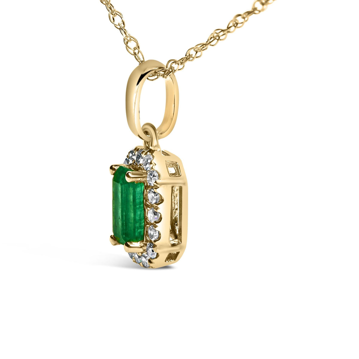 10K Yellow Gold Emerald & Diamond Halo Octagonal Pendant Necklace