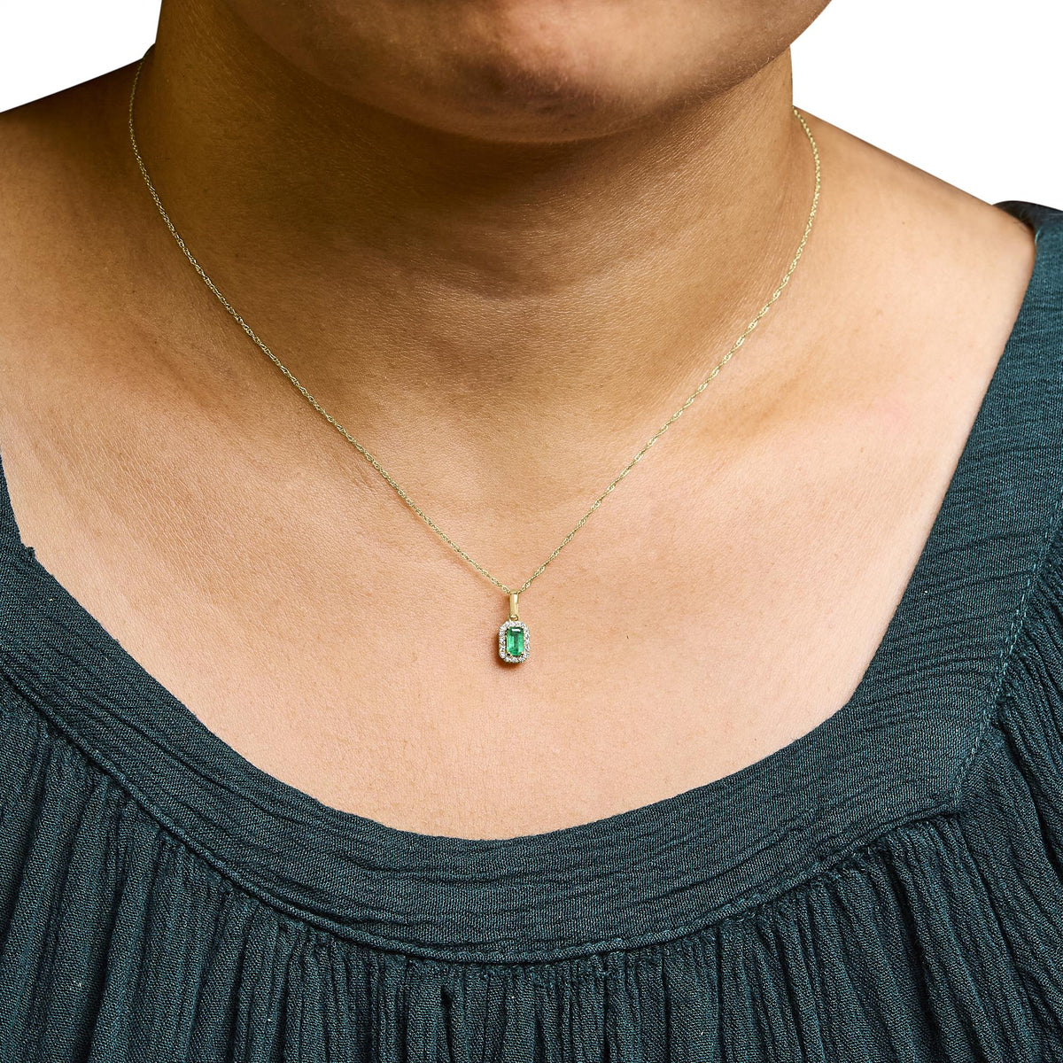 10K Yellow Gold Emerald & Diamond Halo Octagonal Pendant Necklace