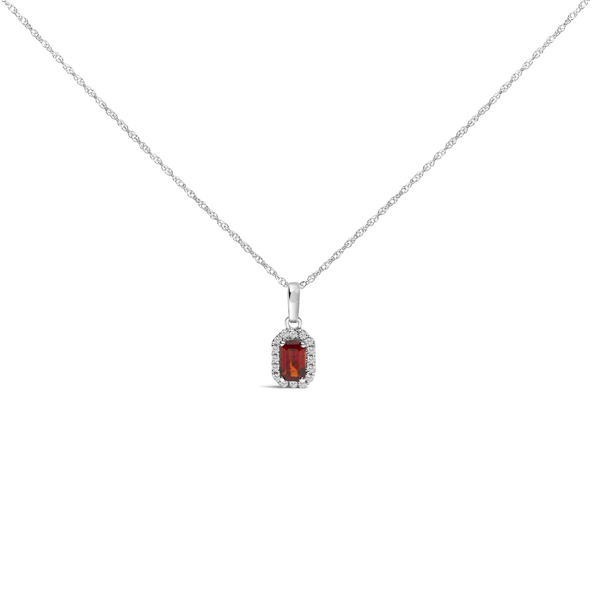10K White Gold Gemstone & Diamond Halo Octagonal Pendant Necklace