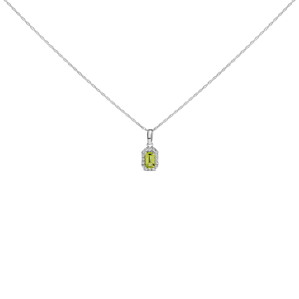 10K White Gold Gemstone & Diamond Halo Octagonal Pendant Necklace