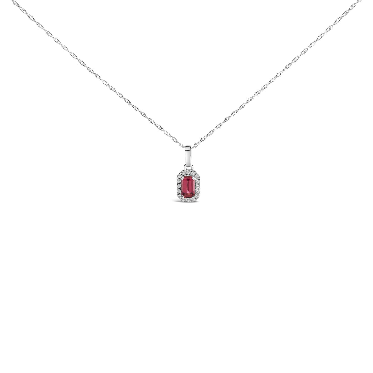 10K White Gold Gemstone & Diamond Halo Octagonal Pendant Necklace